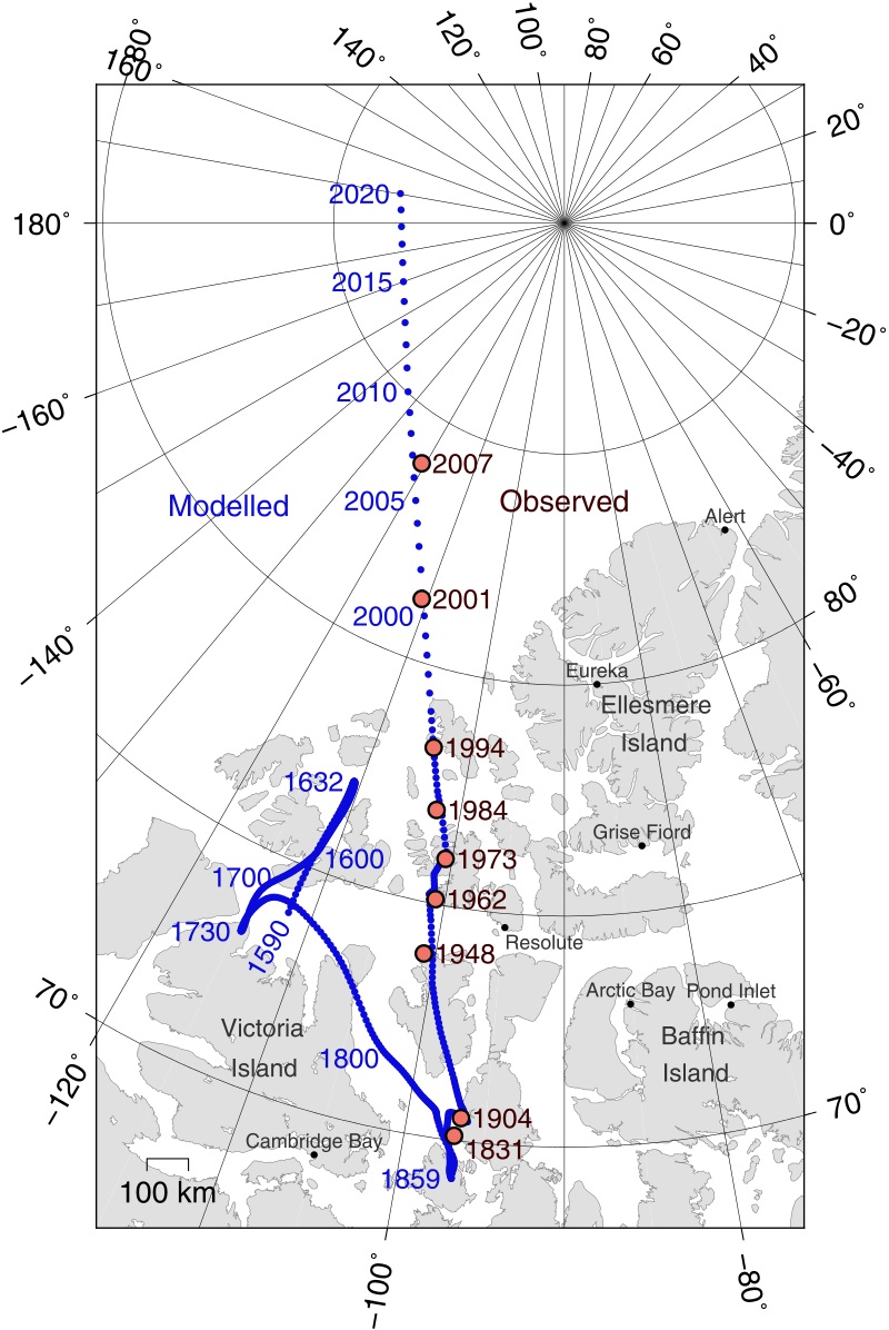 19 05 06 OP Se acerca una inversión de los polos 4 Fig. 4 El movimiento del polo norte magnético de la Tierra a lo largo del ártico canadiense