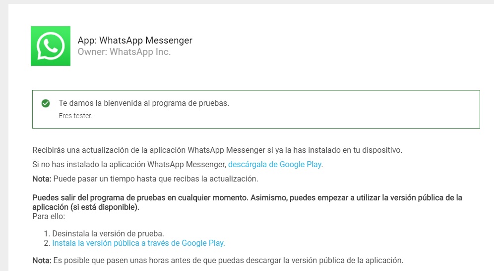 20 07 09 DM Hasta las betas 1 Pantalla de bienvenida a los beta tester de whatsapp