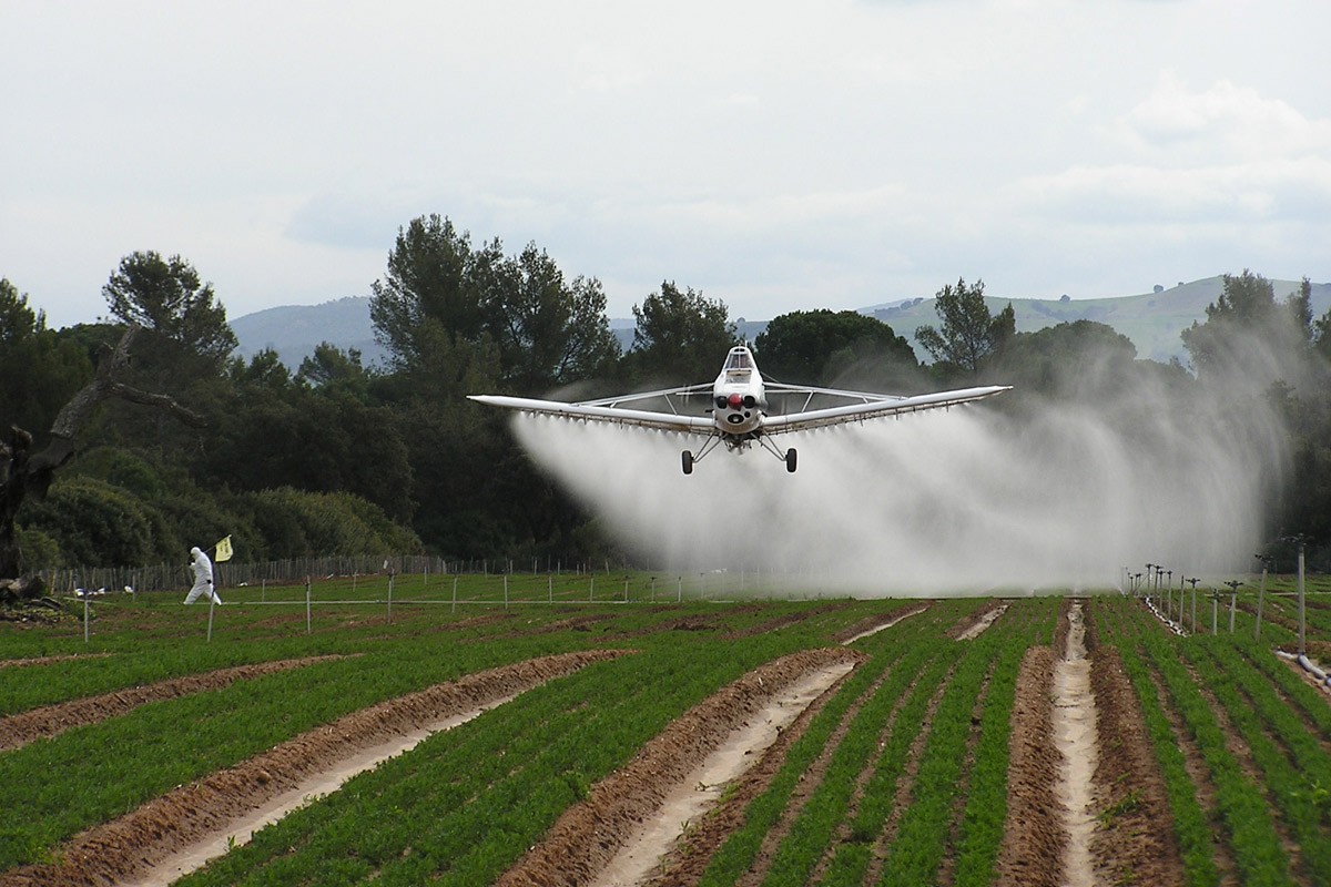 Ejemplo de fumigación aérea Obsérvese en tierra la izquierda presencia de una trabajador expuesto a la fumigación